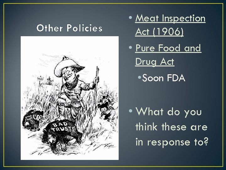 Other Policies • Meat Inspection Act (1906) • Pure Food and Drug Act •