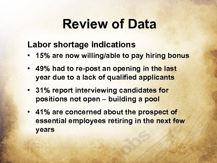 Review of Data Labor shortage indications • 15% are now willing/able to pay hiring
