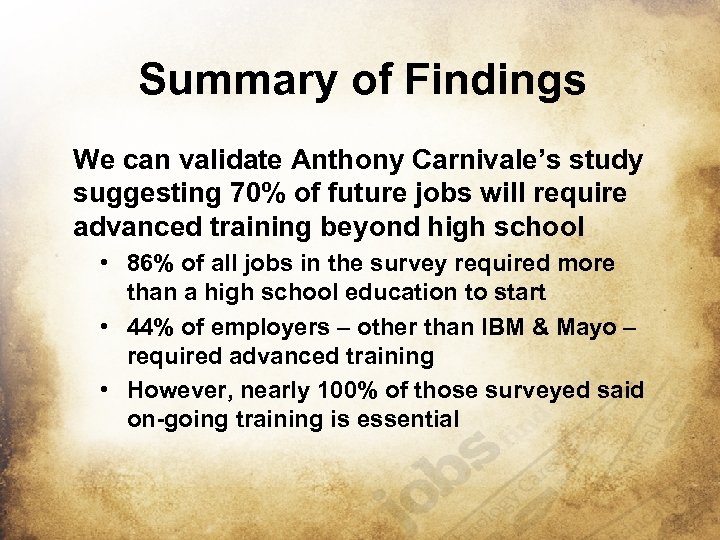 Summary of Findings We can validate Anthony Carnivale’s study suggesting 70% of future jobs