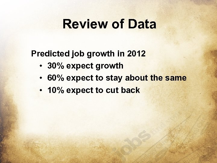 Review of Data Predicted job growth in 2012 • 30% expect growth • 60%