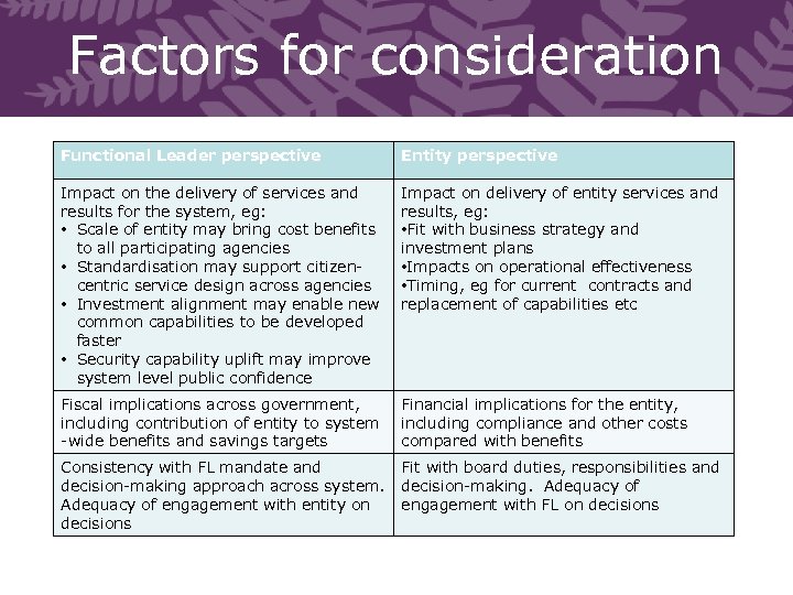 Factors for consideration Functional Leader perspective Entity perspective Impact on the delivery of services