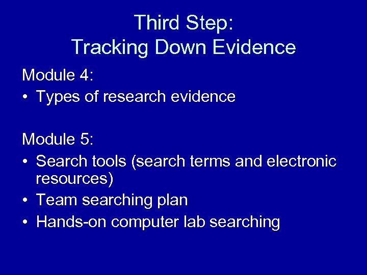 Third Step: Tracking Down Evidence Module 4: • Types of research evidence Module 5: