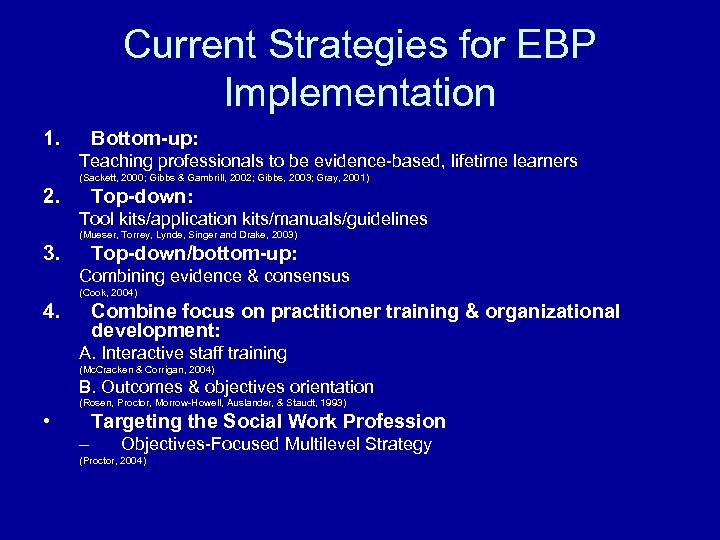 Current Strategies for EBP Implementation 1. Bottom-up: Teaching professionals to be evidence-based, lifetime learners