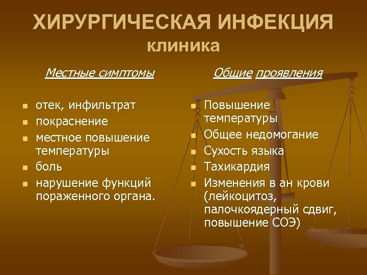 ХИРУРГИЧЕСКАЯ ИНФЕКЦИЯ клиника Местные симптомы n n n отек, инфильтрат покраснение местное повышение температуры