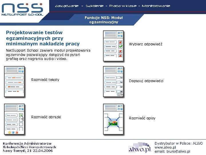 Funkcje NSS: Moduł egzaminacyjny Projektowanie testów egzaminacyjnych przy minimalnym nakładzie pracy Wybierz odpowiedź Net.