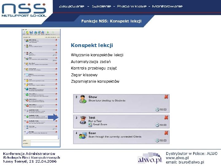 Funkcje NSS: Konspekt lekcji Włączanie konspektów lekcji Automatyzacja zadań Kontrola przebiegu zajęć Zegar klasowy
