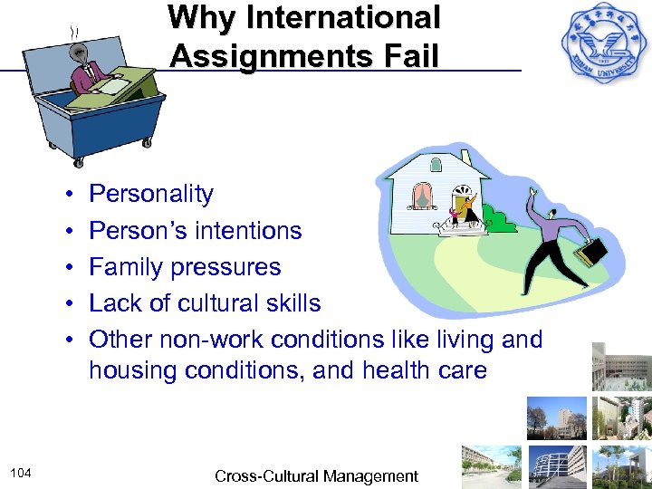 Why International Assignments Fail • • • 104 Personality Person’s intentions Family pressures Lack
