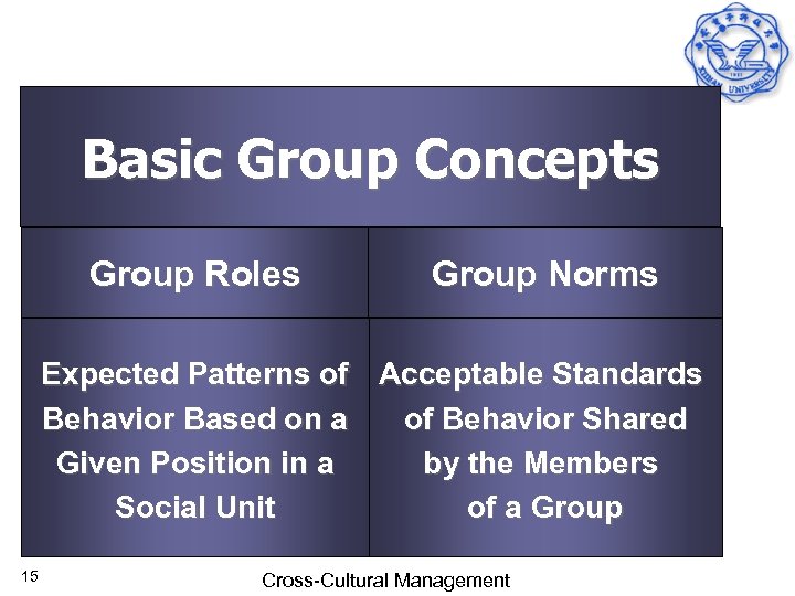 Basic Group Concepts Group Roles Group Norms Expected Patterns of Acceptable Standards Behavior Based