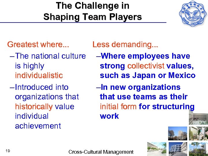 The Challenge in Shaping Team Players Greatest where. . . Less demanding. . .