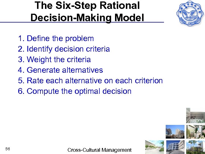 The Six-Step Rational Decision-Making Model 1. Define the problem 2. Identify decision criteria 3.