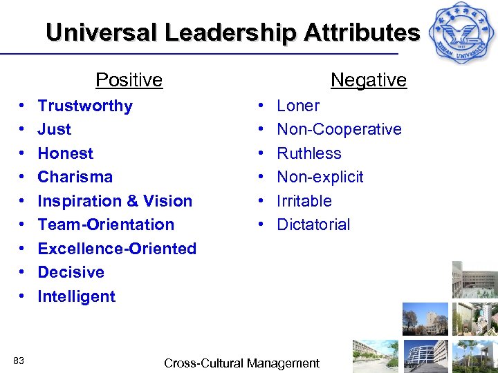 Universal Leadership Attributes Positive • • • 83 Negative Trustworthy Just Honest Charisma Inspiration