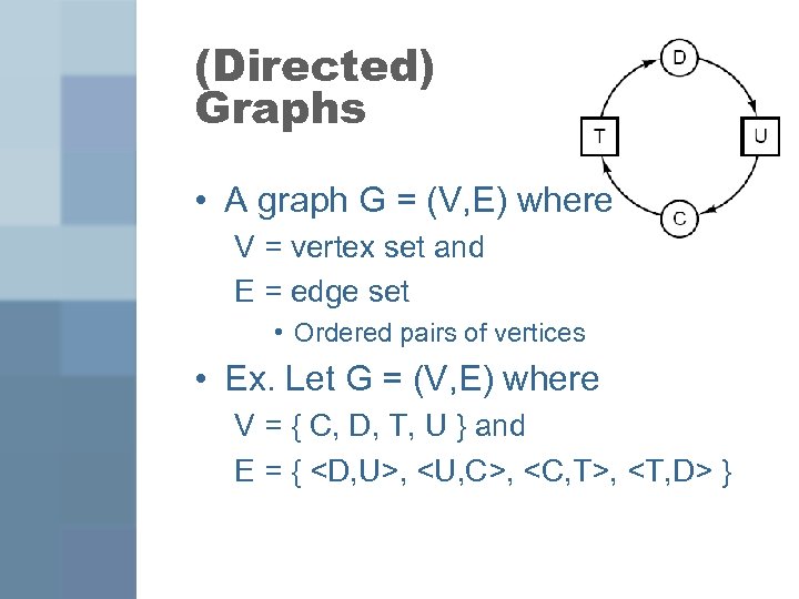 (Directed) Graphs • A graph G = (V, E) where V = vertex set