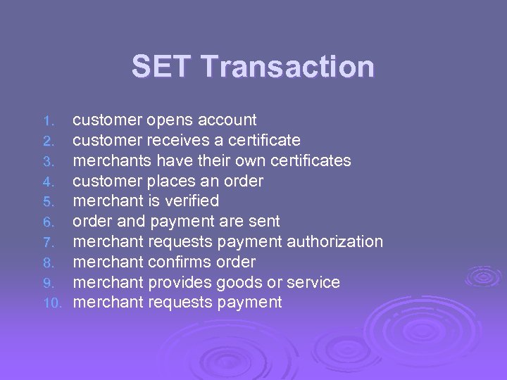 SET Transaction 1. 2. 3. 4. 5. 6. 7. 8. 9. 10. customer opens