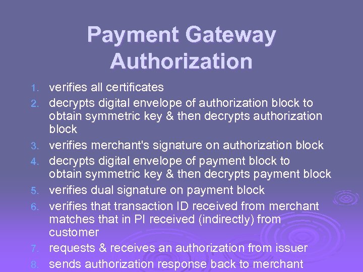 Payment Gateway Authorization 1. 2. 3. 4. 5. 6. 7. 8. verifies all certificates
