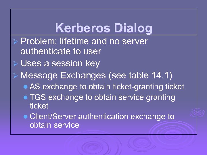 Kerberos Dialog Ø Problem: lifetime and no server authenticate to user Ø Uses a