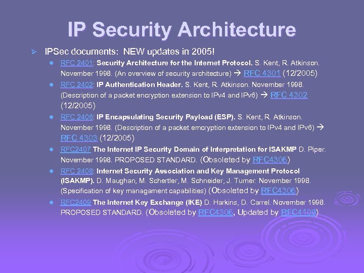 IP Security Architecture Ø IPSec documents: NEW updates in 2005! l RFC 2401: Security