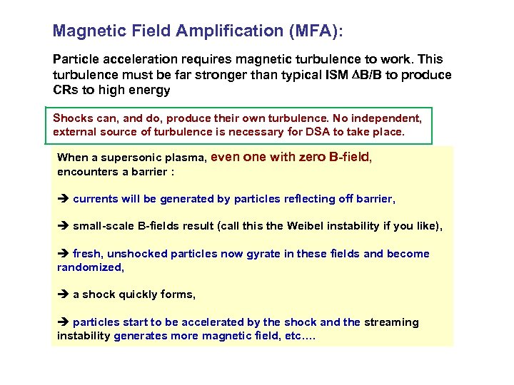 Magnetic Field Amplification (MFA): Particle acceleration requires magnetic turbulence to work. This turbulence must