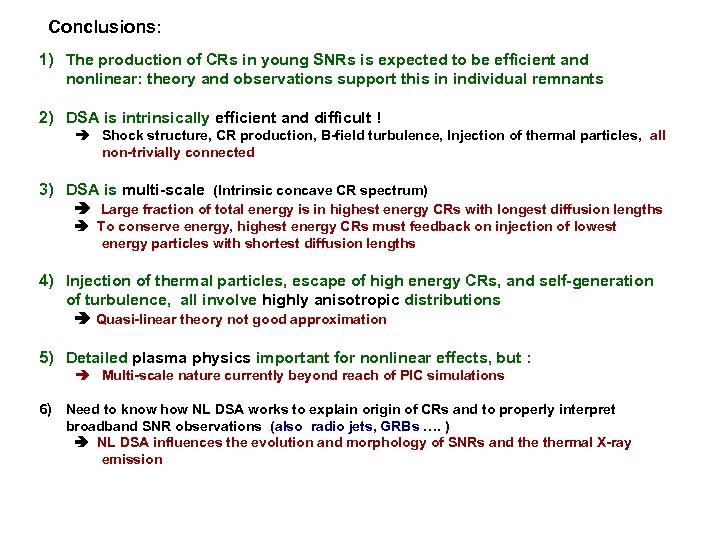 Conclusions: 1) The production of CRs in young SNRs is expected to be efficient