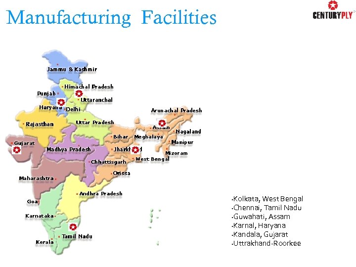 Manufacturing Facilities Kolkata, West Bengal • Chennai, Tamil Nadu • Guwahati, Assam • Karnal,