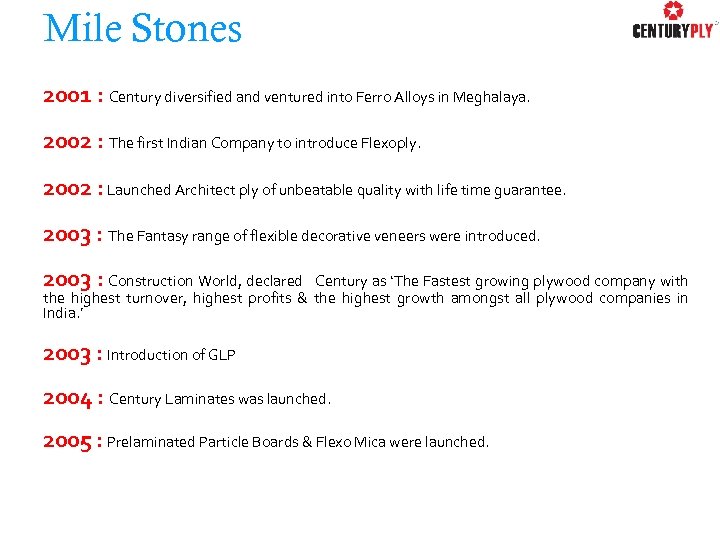 Mile Stones 2001 : Century diversified and ventured into Ferro Alloys in Meghalaya. 2002