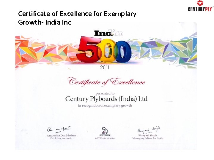 Certificate of Excellence for Exemplary Growth- India Inc 