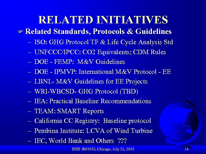 RELATED INITIATIVES F Related Standards, Protocols & Guidelines – – – ISO: GHG Protocol