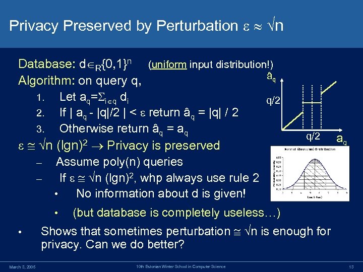 Privacy Preserved by Perturbation n Database: d R{0, 1}n (uniform input distribution!) âq Algorithm: