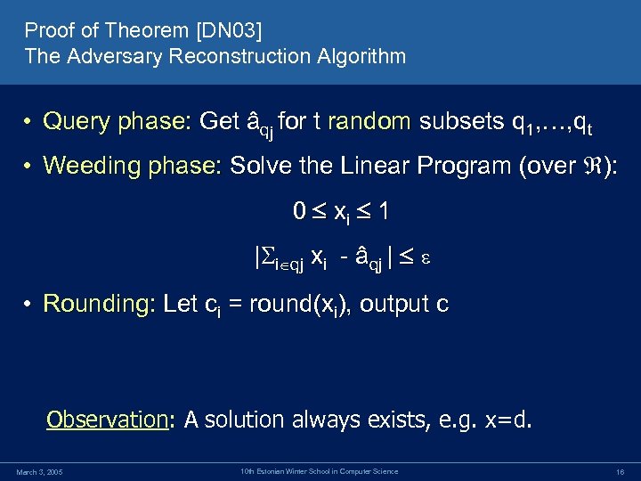 Proof of Theorem [DN 03] The Adversary Reconstruction Algorithm • Query phase: Get âqj