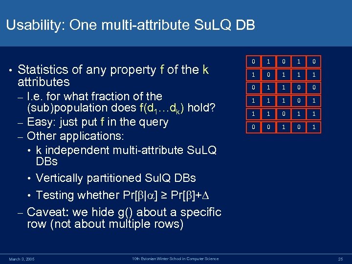 Usability: One multi-attribute Su. LQ DB • Statistics of any property f of the