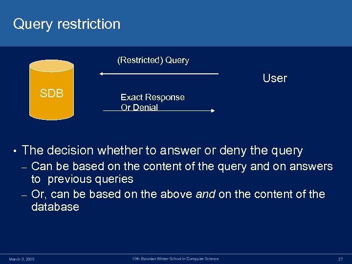 Query restriction (Restricted) Query User SDB • Exact Response Or Denial The decision whether