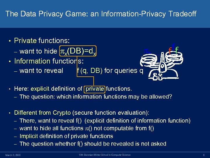 The Data Privacy Game: an Information-Privacy Tradeoff Private functions: x – want to hide