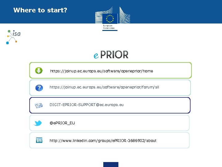 Where to start? https: //joinup. ec. europa. eu/software/openeprior/home https: //joinup. ec. europa. eu/software/openeprior/forum/all DIGIT-EPRIOR-SUPPORT@ec.