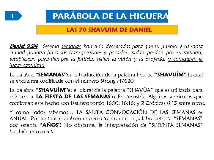 1 PARÁBOLA DE LA HIGUERA LAS 70 SHAVUIM DE DANIEL Daniel 9: 24 Setenta