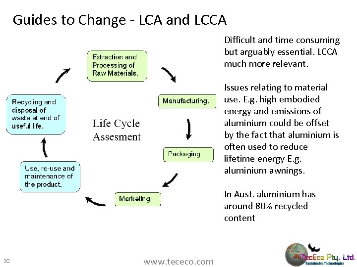 Guides to Change - LCA and LCCA Difficult and time consuming but arguably essential.