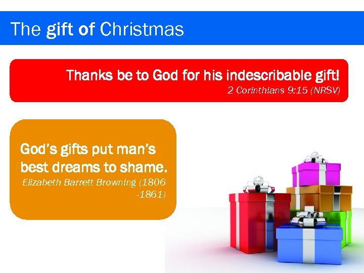 The gift of Christmas Thanks be to God for his indescribable gift! 2 Corinthians