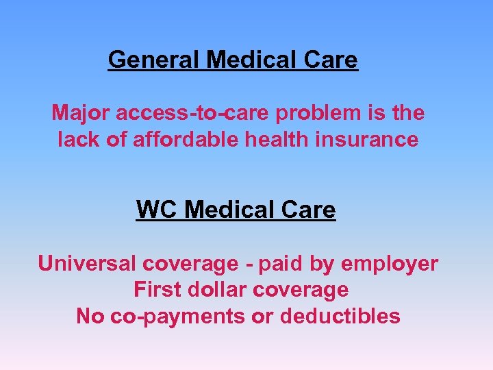 General Medical Care Major access-to-care problem is the lack of affordable health insurance WC