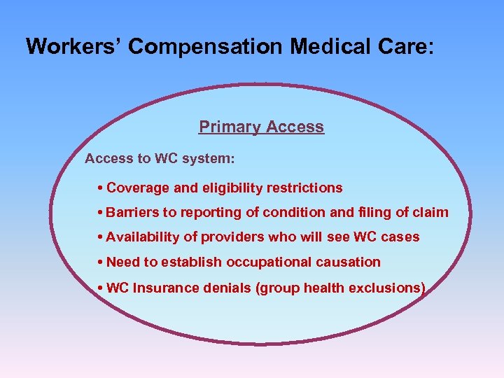 Workers’ Compensation Medical Care: Primary Access to WC system: • Coverage and eligibility restrictions