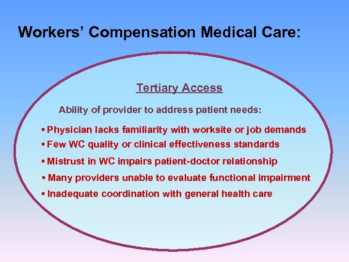 Workers’ Compensation Medical Care: Tertiary Access Ability of provider to address patient needs: •