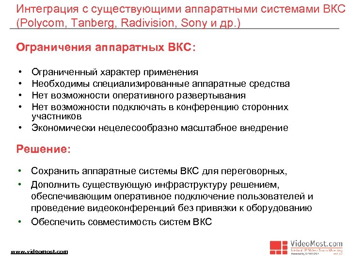 Интеграция с существующими аппаратными системами ВКС (Polycom, Tanberg, Radivision, Sony и др. ) Ограничения