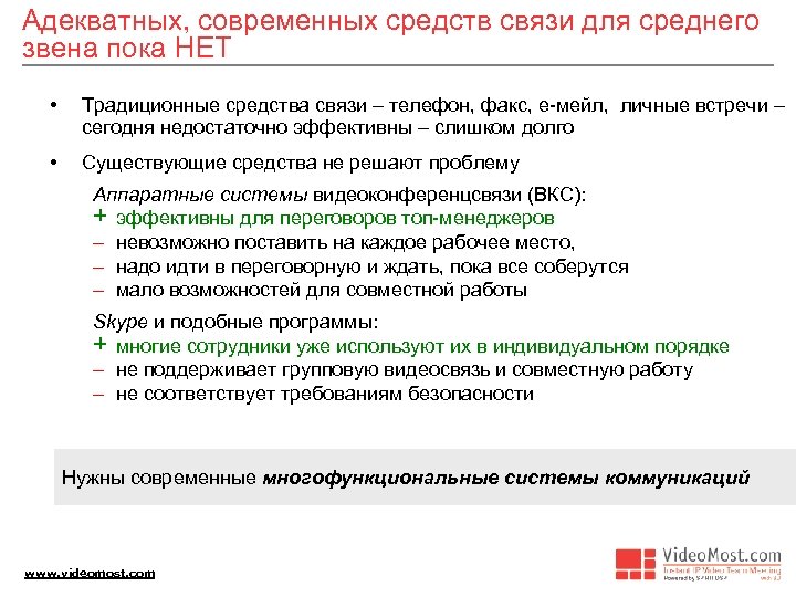 Адекватных, современных средств связи для среднего звена пока НЕТ • Традиционные средства связи –