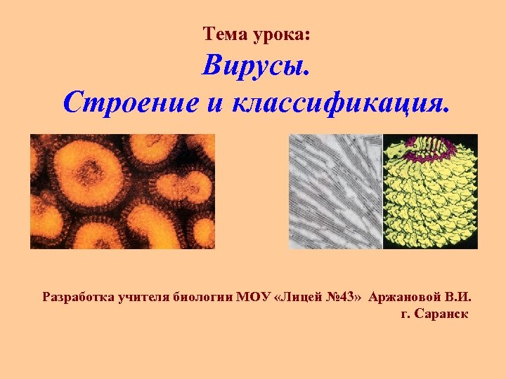 Тема урока: Вирусы. Строение и классификация. Разработка учителя биологии МОУ «Лицей № 43» Аржановой