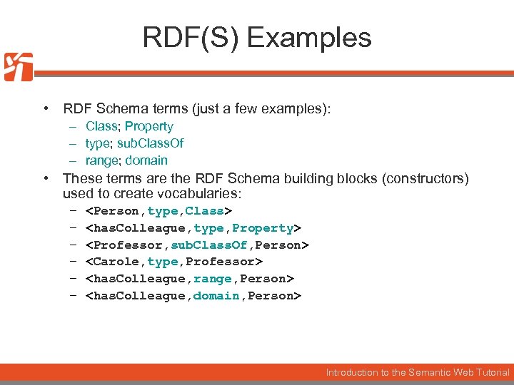 RDF(S) Examples • RDF Schema terms (just a few examples): – Class; Property –