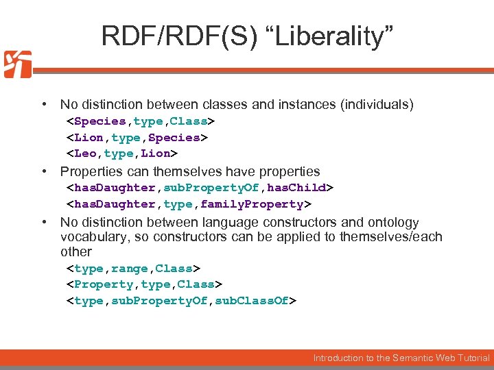 RDF/RDF(S) “Liberality” • No distinction between classes and instances (individuals) <Species, type, Class> <Lion,