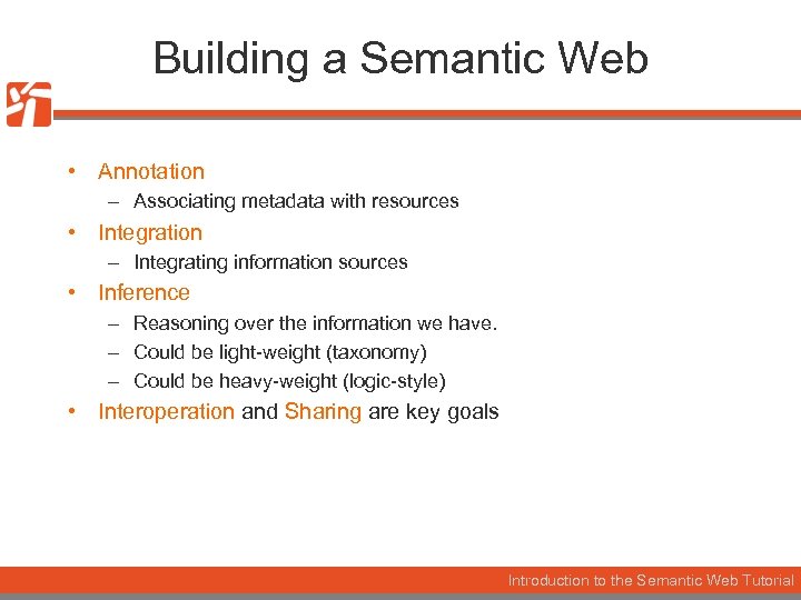 Building a Semantic Web • Annotation – Associating metadata with resources • Integration –