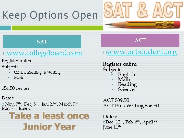 Keep Options Open ACT SAT www. collegeboard. com Register online Subjects: $54. 50 per