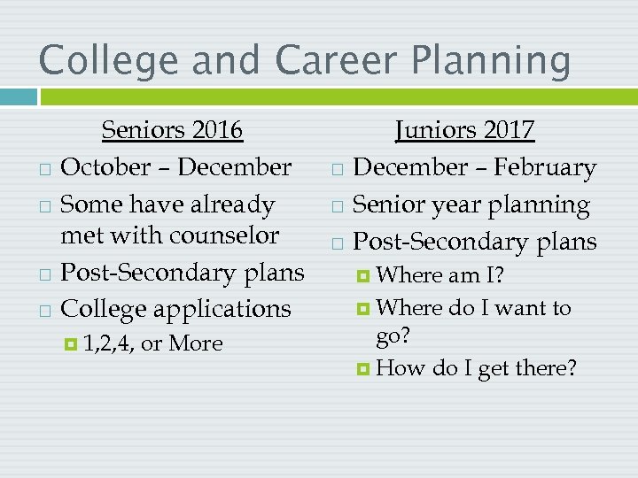 College and Career Planning Seniors 2016 October – December Some have already met with