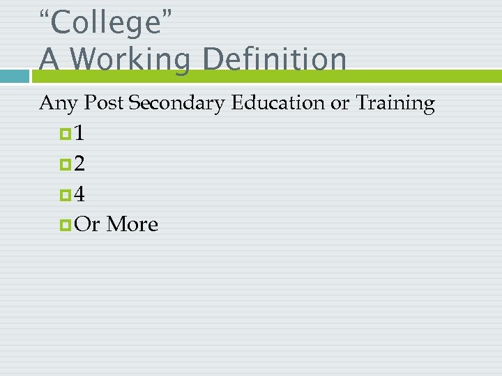 “College” A Working Definition Any Post Secondary Education or Training 1 2 4 Or