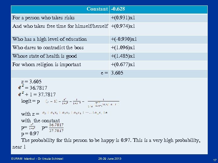 Constant -0. 628 For a person who takes risks +(0. 931)x 1 And who