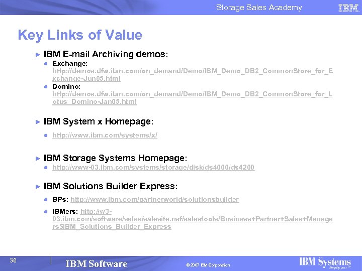 Storage Sales Academy Key Links of Value ► IBM E-mail Archiving demos: ● Exchange: