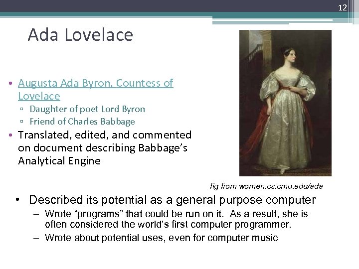 12 Ada Lovelace • Augusta Ada Byron, Countess of Lovelace ▫ Daughter of poet